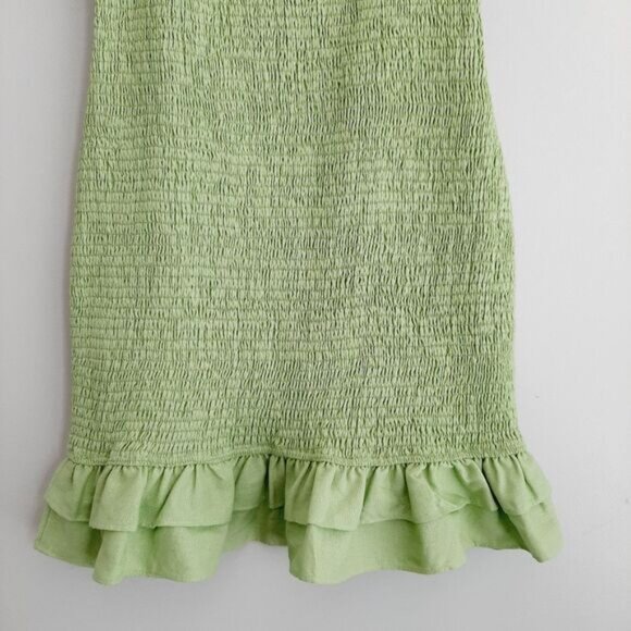 ENGLISH FACTORY / Smocked Ruffle Hem Puff Sleeve Mini Dress Green Sz M - Picture 12 of 14